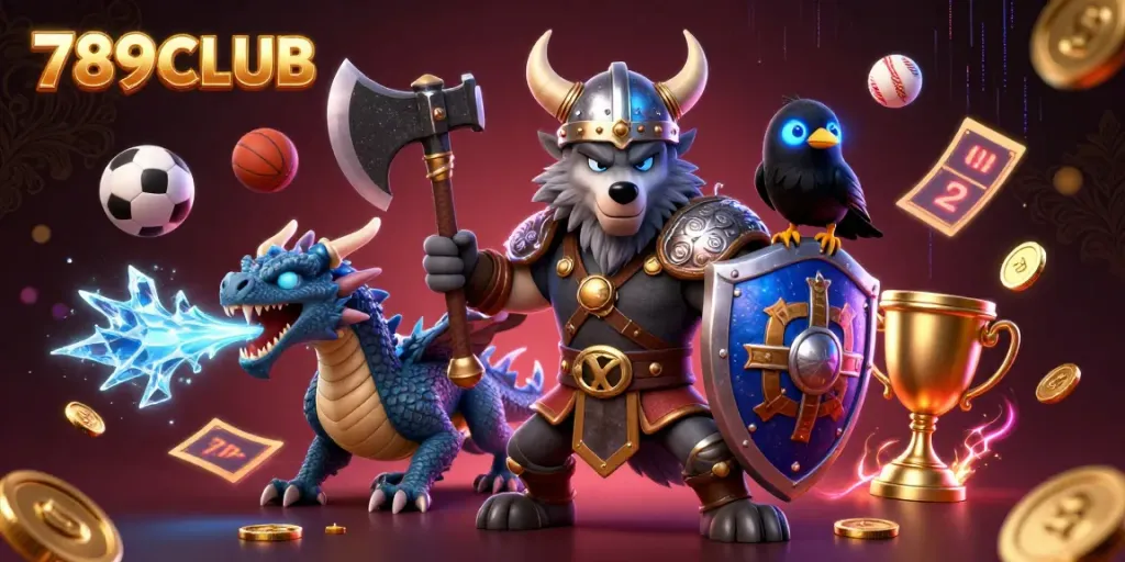 Engage with 789CLUB's thrilling atmosphere highlighted by a Viking warrior, fierce dragon, and dynamic sports elements.