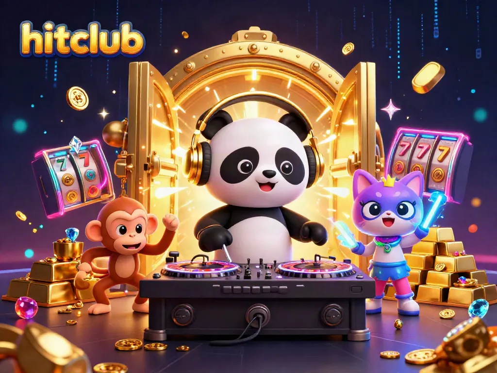 Hitclub art featuring animated DJ panda and friends in a vibrant casino scene.
