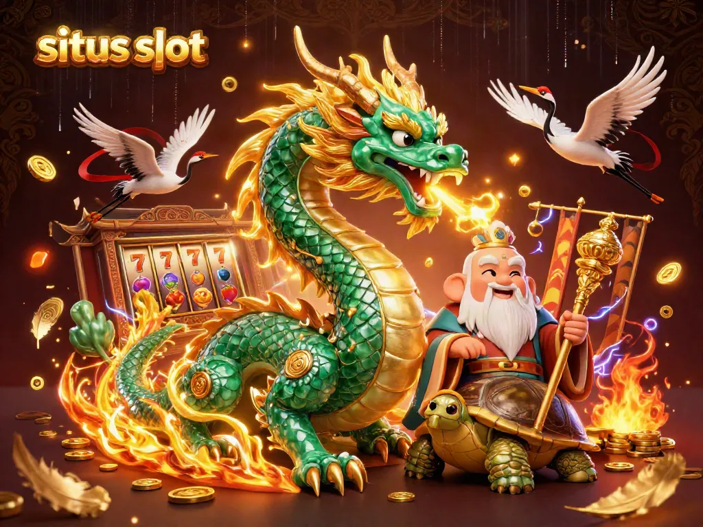 Engage in situs slot excitement with a dynamic 3D illustration featuring a dragon and lucky elements.