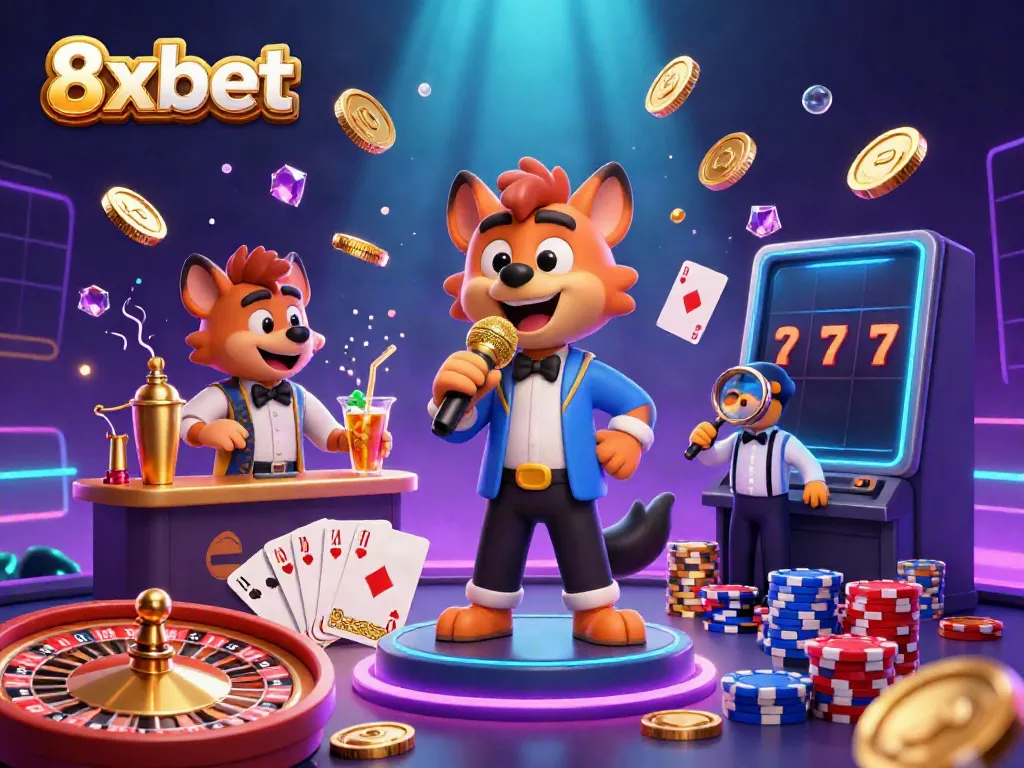 Experience the thrills of 8xbet with lively casino characters and dynamic gaming elements in a vibrant illustration.