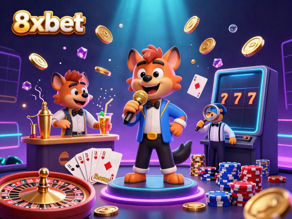 Experience the thrills of 8xbet with lively casino characters and dynamic gaming elements in a vibrant illustration.