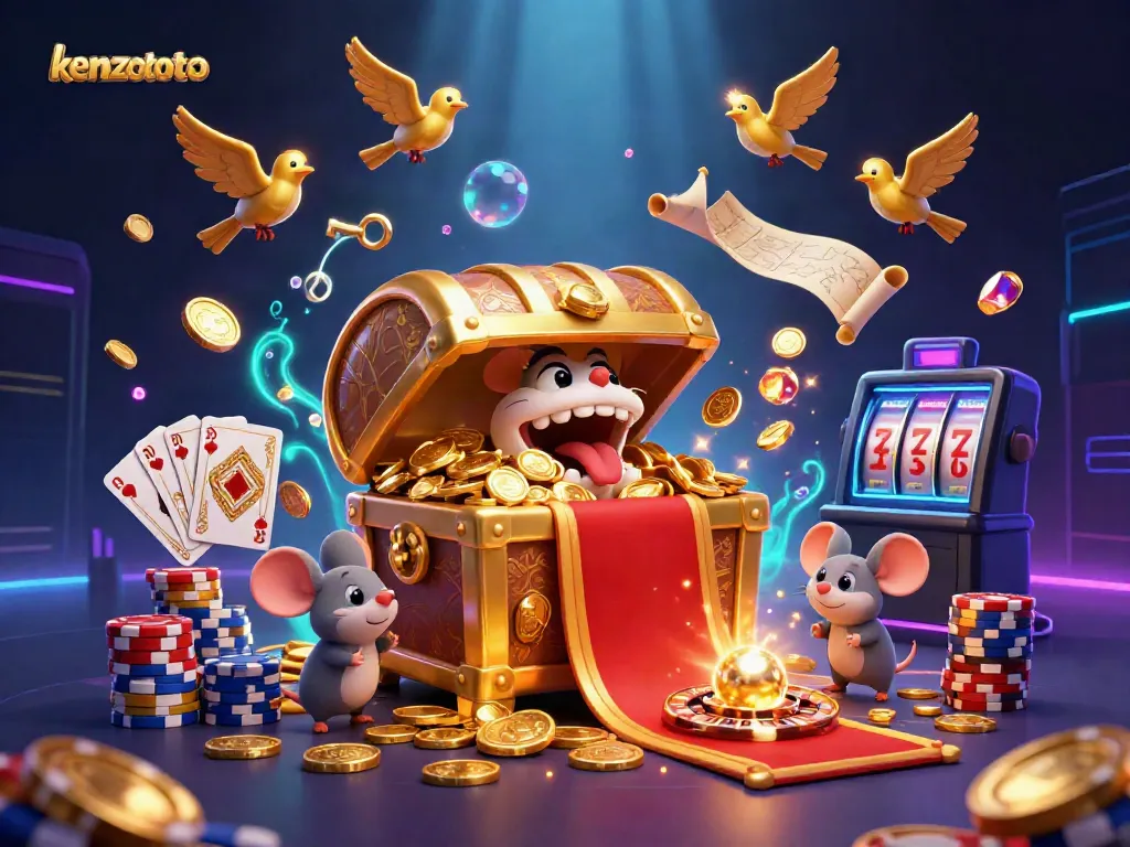 Experience gaming excitement in kenzototo with a vibrant treasure chest scene filled with riches.