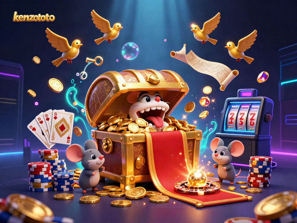 Experience gaming excitement in kenzototo with a vibrant treasure chest scene filled with riches.
