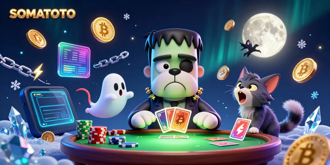 Experience thrilling casino action with SOMATOTO's vibrant 3D illustration of a Frankenstein bulldog dealer.