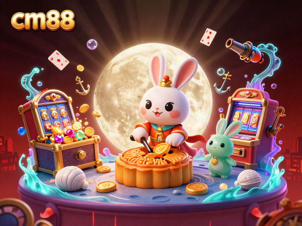cm88 enhances engagement with a vibrant casino scene featuring a joyful moon rabbit and slot elements.