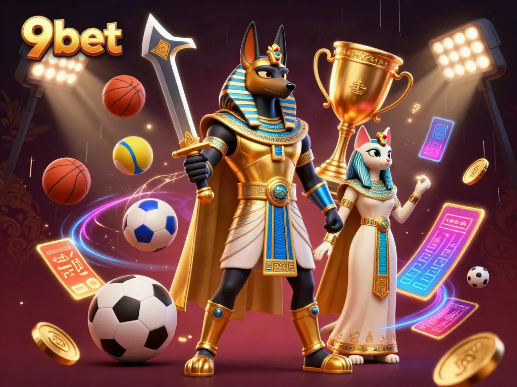 Engage in thrilling gameplay with 9bet, featuring a dynamic ancient Egyptian warrior and sacred cat amidst vibrant casino imagery.