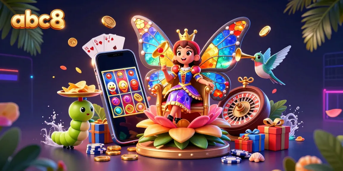 Experience the vibrant fantasy world of abc8 with the butterfly queen amidst slot game elements.