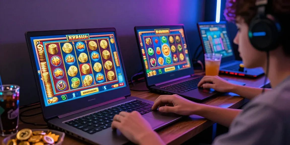 Player enjoying gaming experience on tuan88 with colorful slot graphics and snacks.