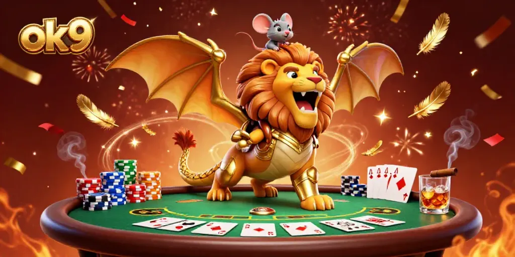 Engage in thrilling poker action with the majestic ok9 chimera surrounded by vibrant casino elements.