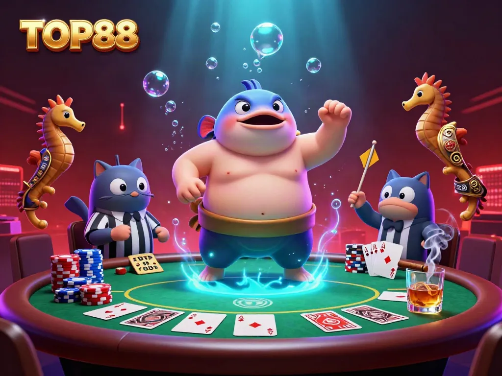 Engage in the vibrant underwater poker scene showcasing TOP88 with a grand fugu character and colorful gaming elements.