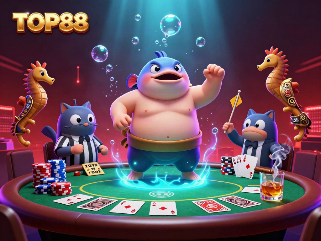Engage in the vibrant underwater poker scene showcasing TOP88 with a grand fugu character and colorful gaming elements.