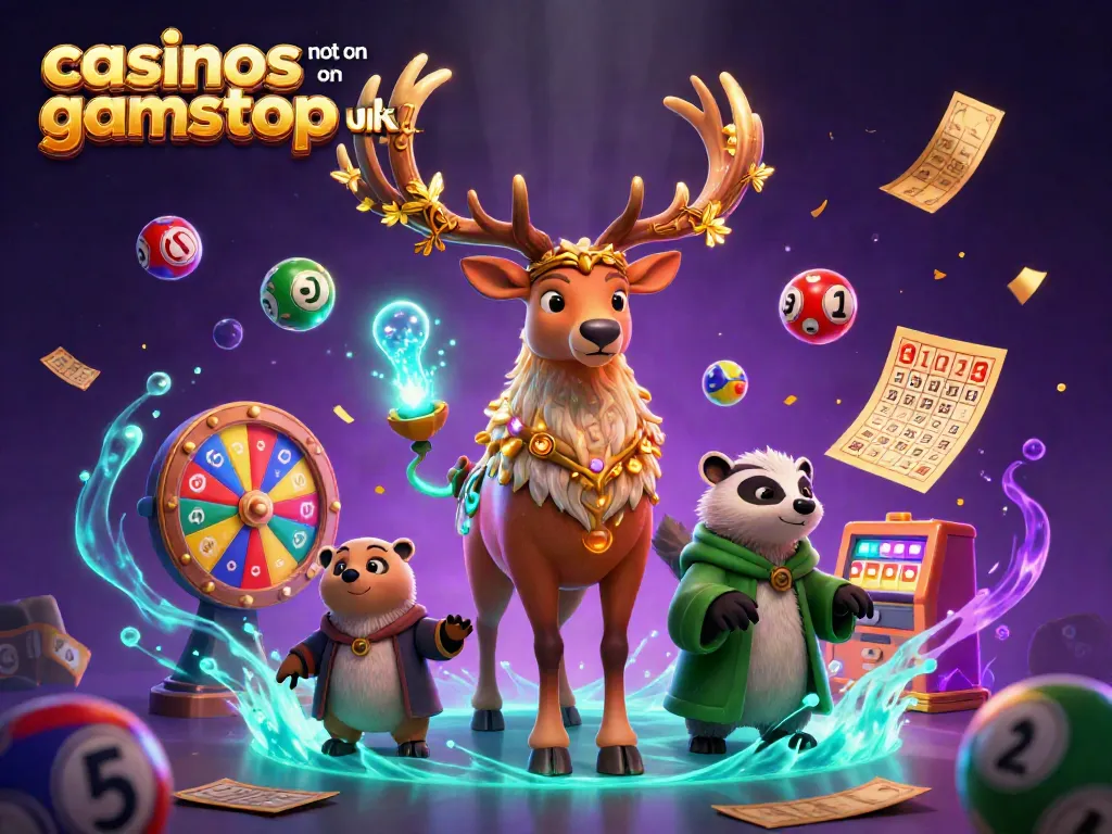 Engage with casinos not on gamstop uk through a vibrant 3D illustration showcasing a druid stag, badger, and dynamic game elements.