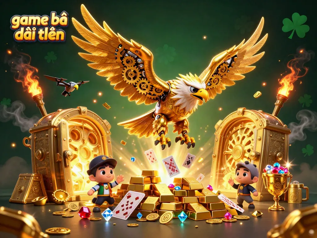Engage in game bài đổi thưởng with a vibrant, golden casino scene showcasing a cybernetic eagle surrounded by wealth.