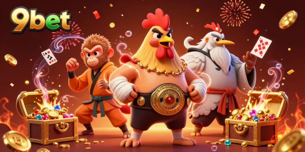 Experience the thrill of 9bet with a dynamic scene featuring lively casino characters and vibrant treasures.
