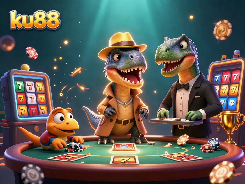 Engage in thrilling gameplay at ku88 with a fun illustration of a velociraptor at the blackjack table.
