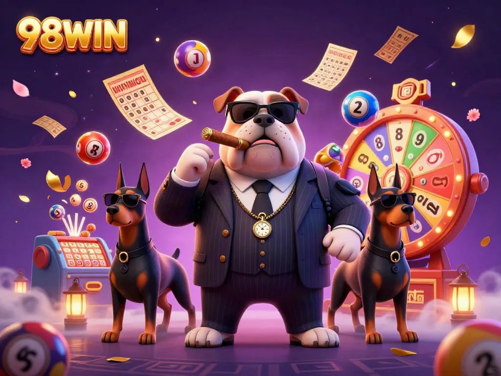 Engage with 98WIN in a vibrant casino scene filled with lottery excitement and animated characters.