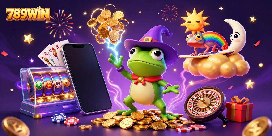 Experience the excitement of 789WIN casino with golden coins and colorful slots in a vibrant 3D illustration.
