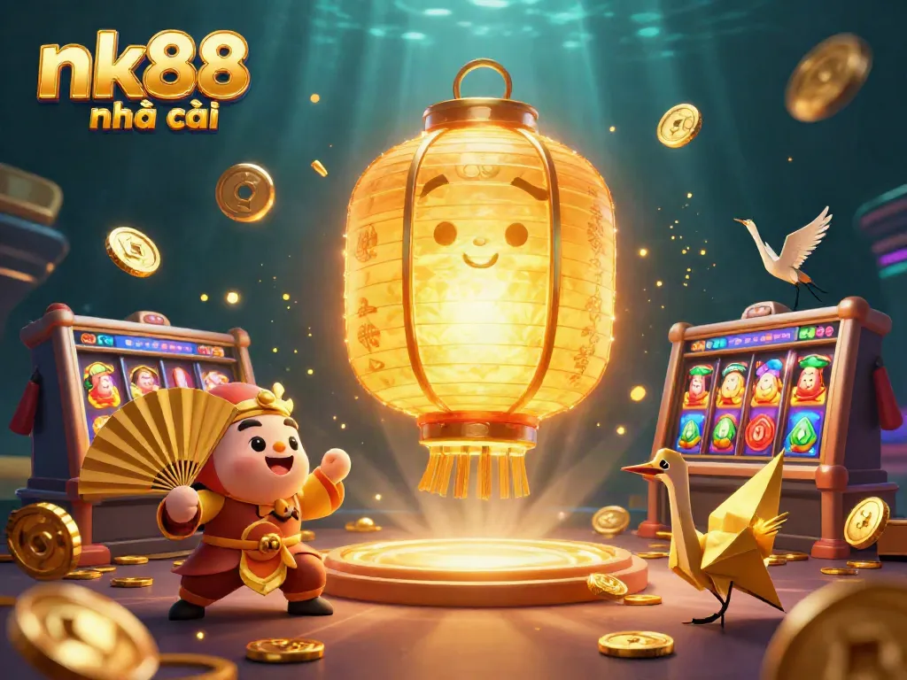 Experience the vibrancy of nk88 nhà cái with a lively casino scene featuring golden lanterns and slot games.