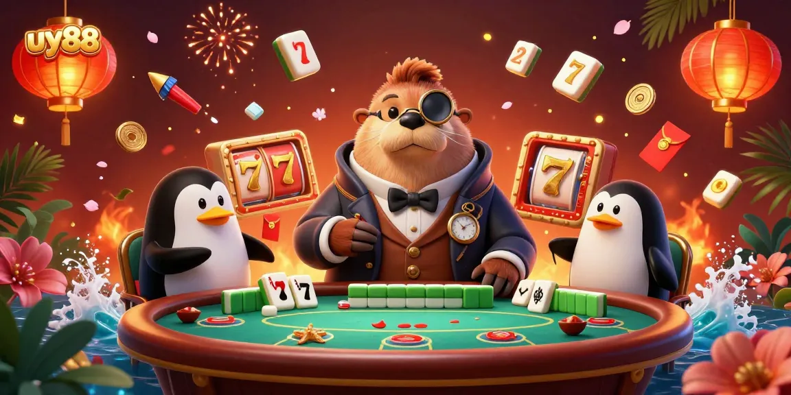 Experience intense gameplay with uy88 as a walrus in a Victorian outfit plays poker underwater amid vibrant gaming elements.