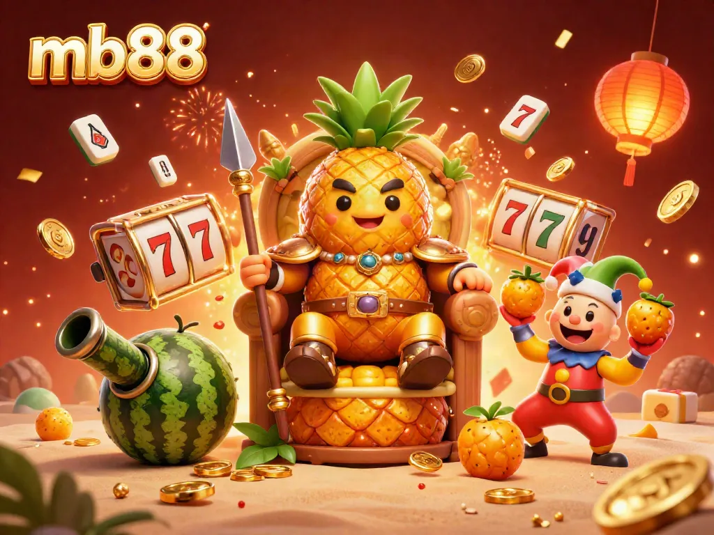 Experience the vibrant energy of mb88 casino with a golden pineapple king, lively characters, and dynamic gaming elements.