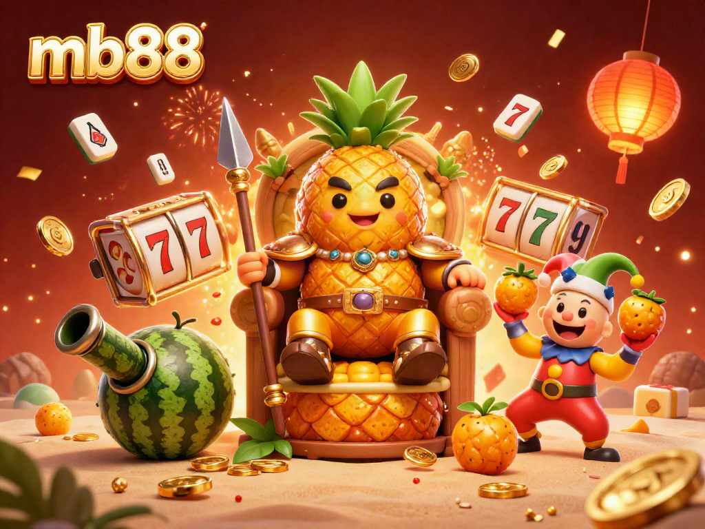 Experience the vibrant energy of mb88 casino with a golden pineapple king, lively characters, and dynamic gaming elements.