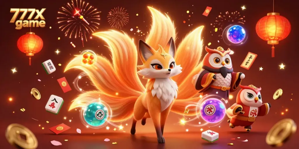 Engage in 777x game with a vibrant 3D scene featuring a nine-tailed fox, owl sage, and festive decorations.