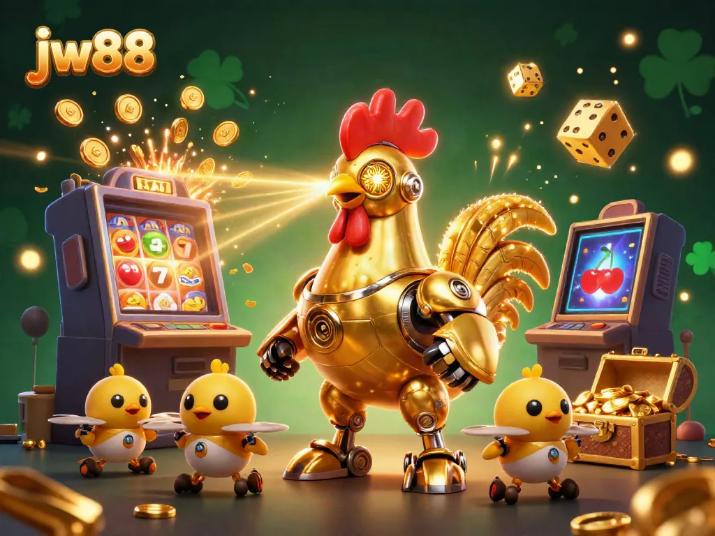 Experience the excitement of jw88 with a dynamic 3D casino scene showcasing a golden rooster robot and jackpot elements.