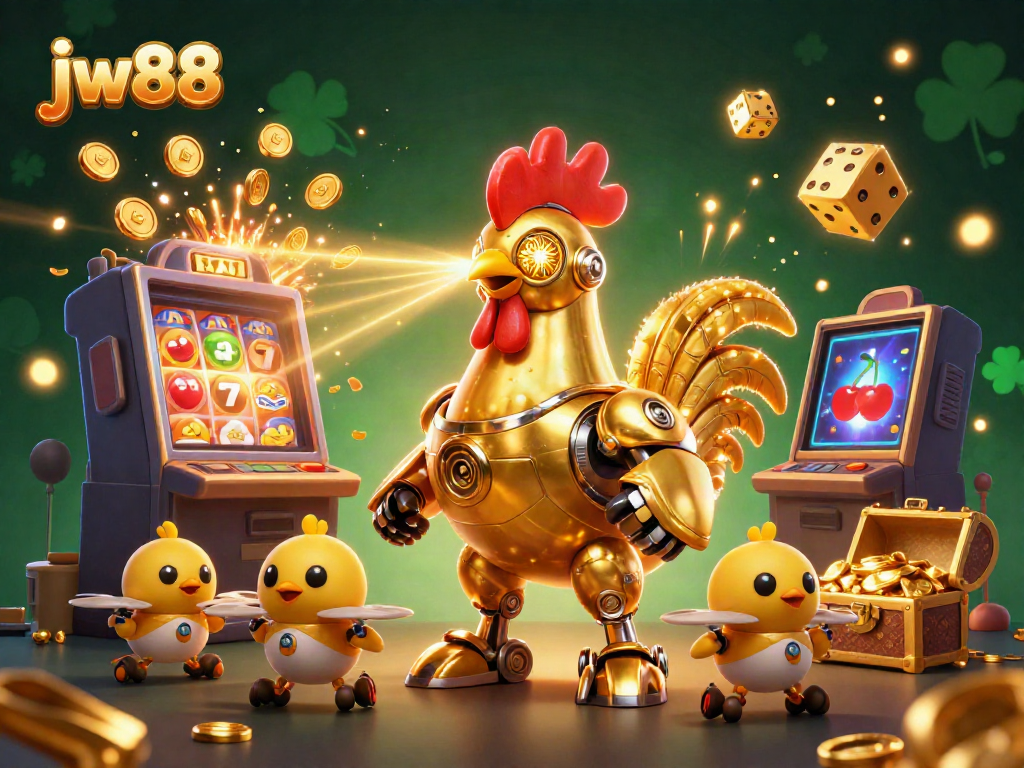 Experience the excitement of jw88 with a dynamic 3D casino scene showcasing a golden rooster robot and jackpot elements.