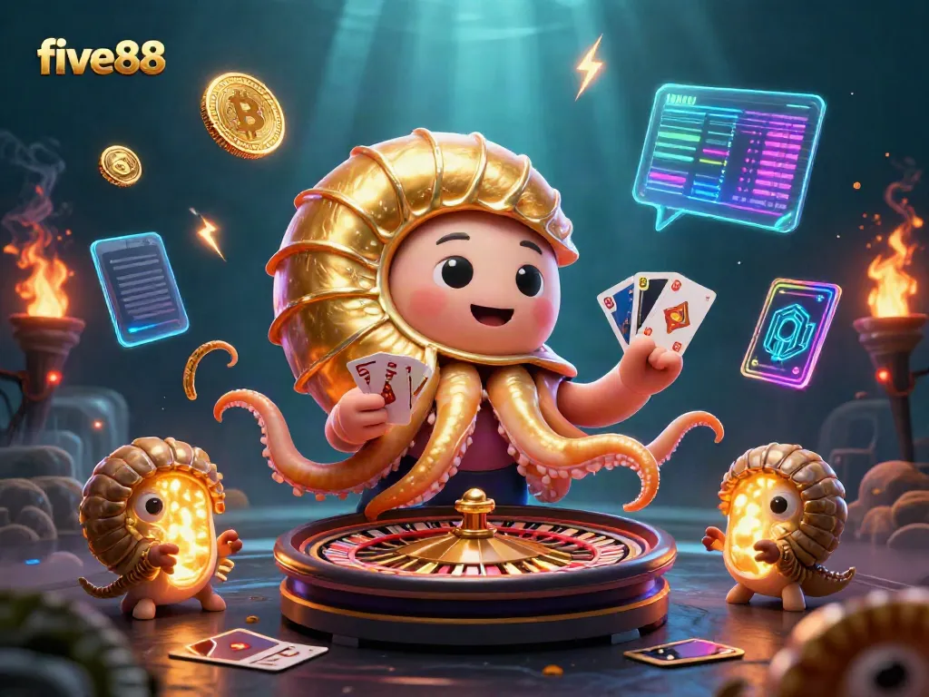 Experience the excitement of five88 with a vibrant scene of a giant nautilus roulette and glowing casino elements.