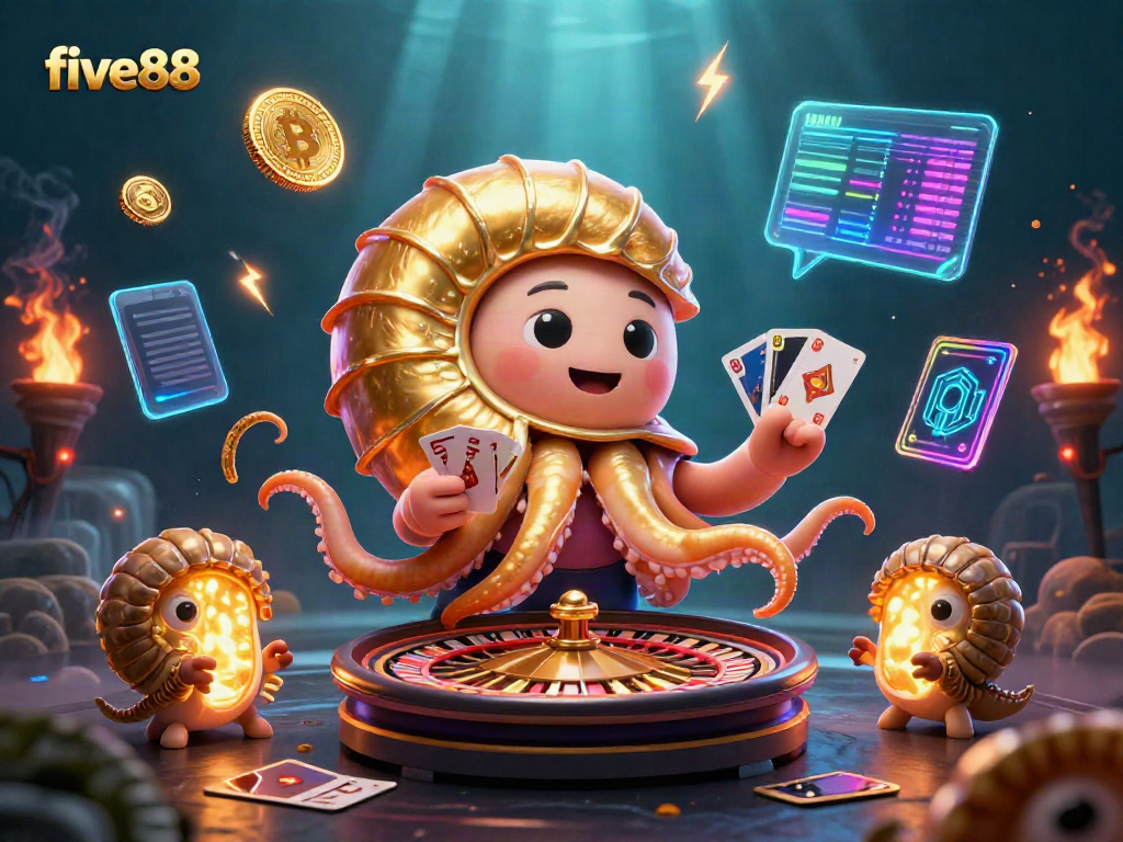 Experience the excitement of five88 with a vibrant scene of a giant nautilus roulette and glowing casino elements.