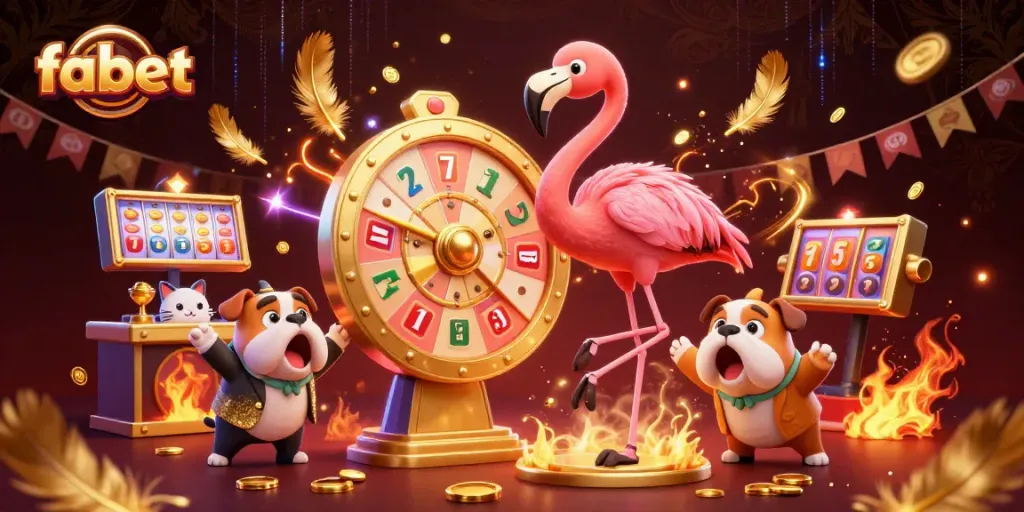 Engaging FABET scene showing a flamingo host, bulldog contestant, with dynamic slot game elements.