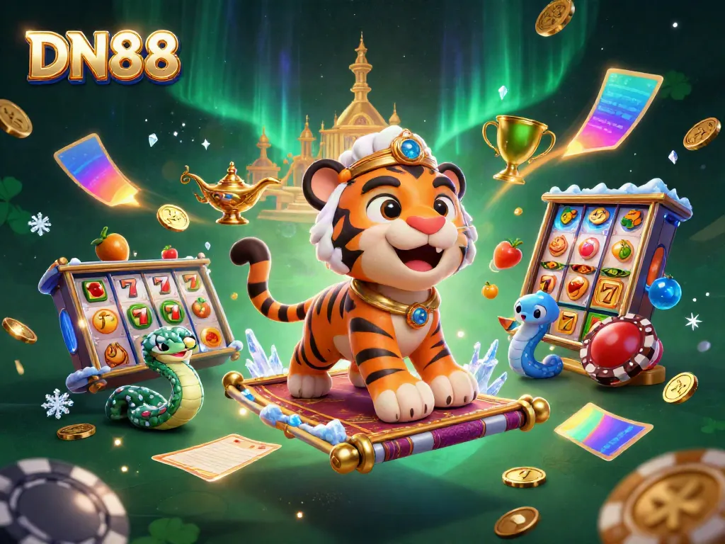 Engage with DN88 through a thrilling 3D casino scene, featuring a tiger sultan and vibrant gaming symbols.