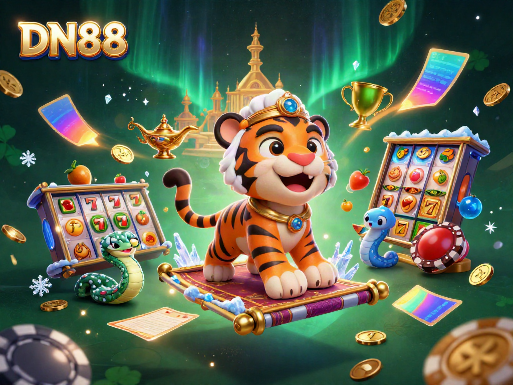 Engage with DN88 through a thrilling 3D casino scene, featuring a tiger sultan and vibrant gaming symbols.