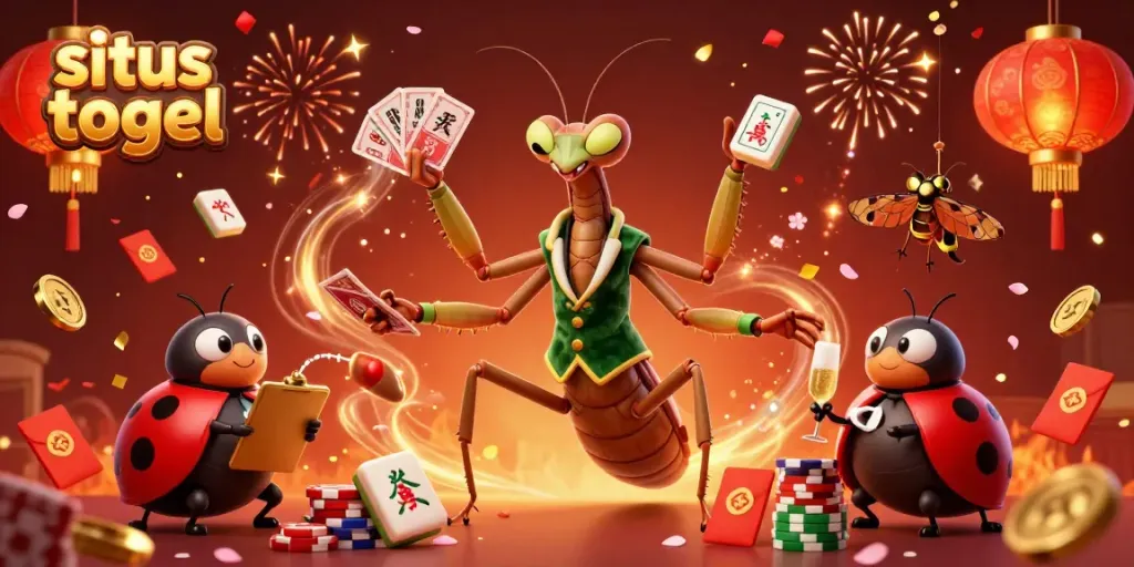 Situs togel celebration with a giant mantis dealing cards, ladybug pit boss, confetti, and festive elements.