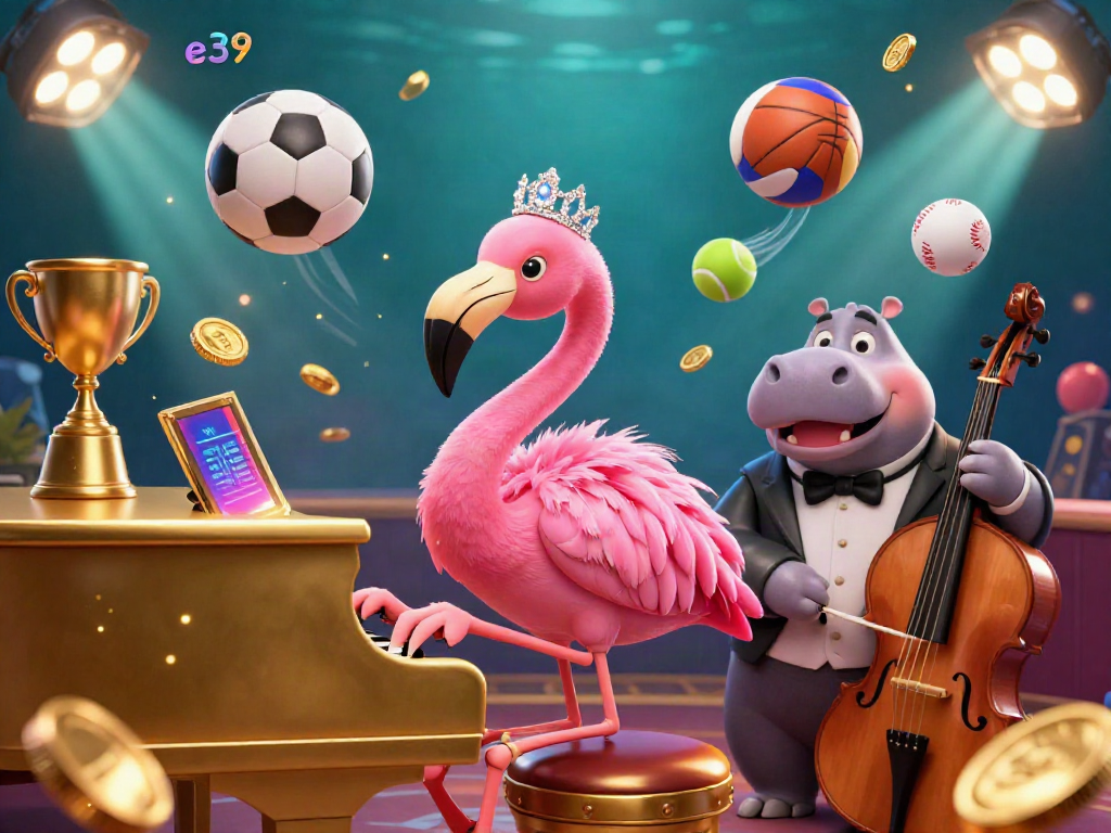 Experience the thrill of online gaming with e39 in this vibrant casino scene featuring a flamingo singer and hippo bassist.