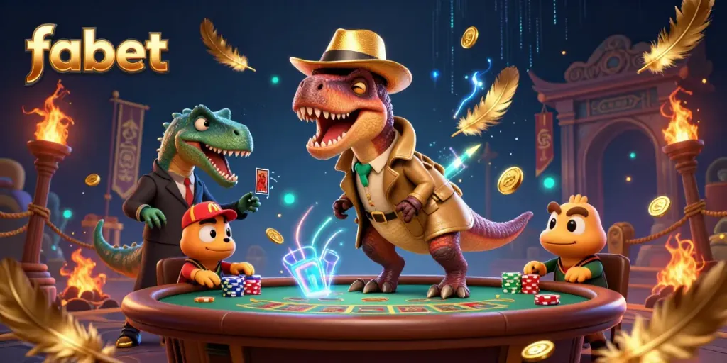 Fabet's vibrant illustrated scene featuring a cartoon velociraptor attempting to blend in at a blackjack table.