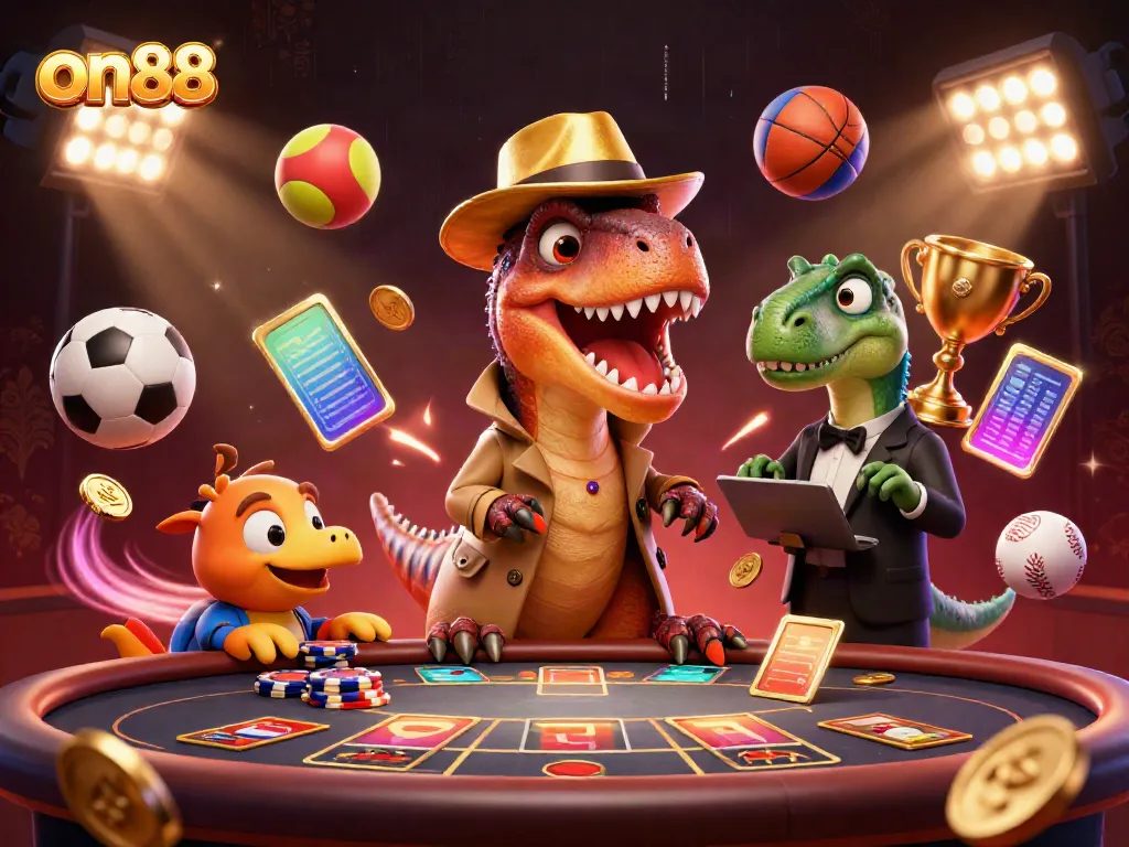 Experience the excitement of on88 casino with a velociraptor and stegosaurus at a blackjack table amid a vibrant gaming atmosphere.