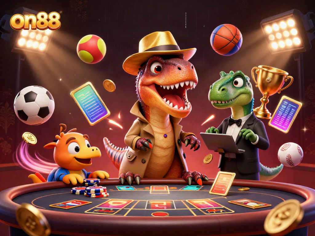 Experience the excitement of on88 casino with a velociraptor and stegosaurus at a blackjack table amid a vibrant gaming atmosphere.