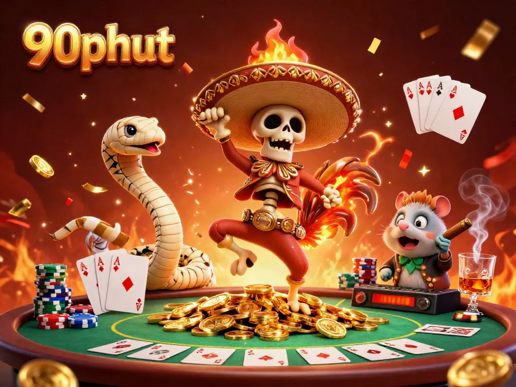 Engage in thrilling bets with 90phut's vibrant casino scene featuring festive characters.