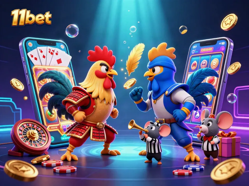 Experience thrilling moments with 11bet's exciting gaming action featuring vibrant roosters and casino elements.