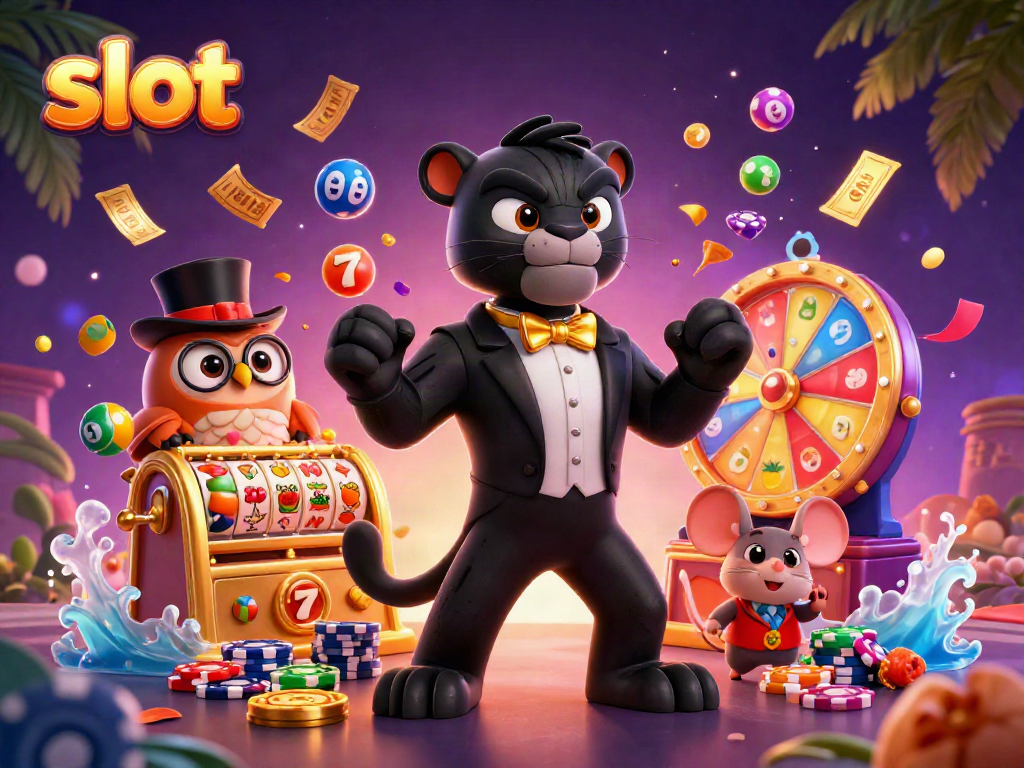 Mesin slot dengan jackpot dan karakter kartun menarik dalam suasana kasino.