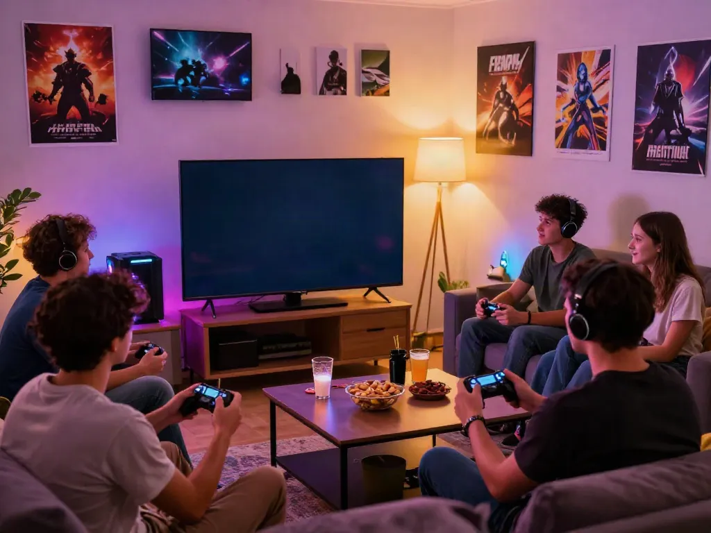 Friends enjoying multiplayer gaming with kilat404 in a cozy living room setting.