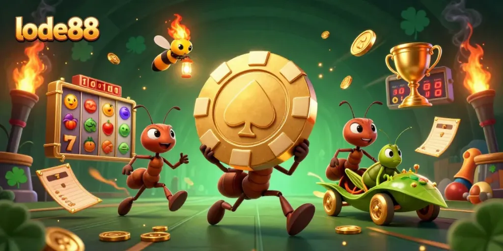 Lode88 showcases a thrilling heist scene with cartoon ants, reflecting excitement from the casino world.