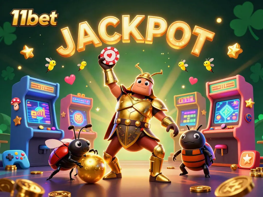 Experience big wins with 11bet as a gladiator beetle celebrates a jackpot victory in a vibrant casino.