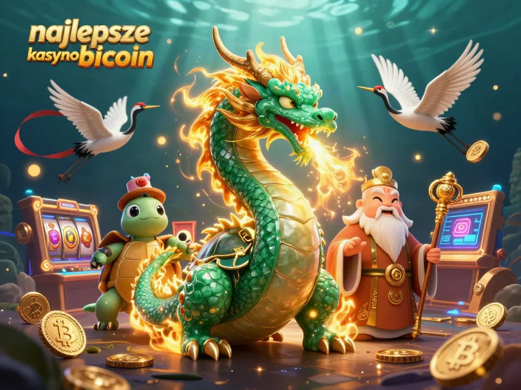Navigate the vibrant world of najlepsze kasyno bitcoin with this lively 3D illustration featuring a dragon and turtles.