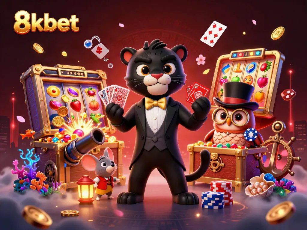 Experience exciting gameplay with 8kbet in a vibrant casino scene featuring card games and playful characters.