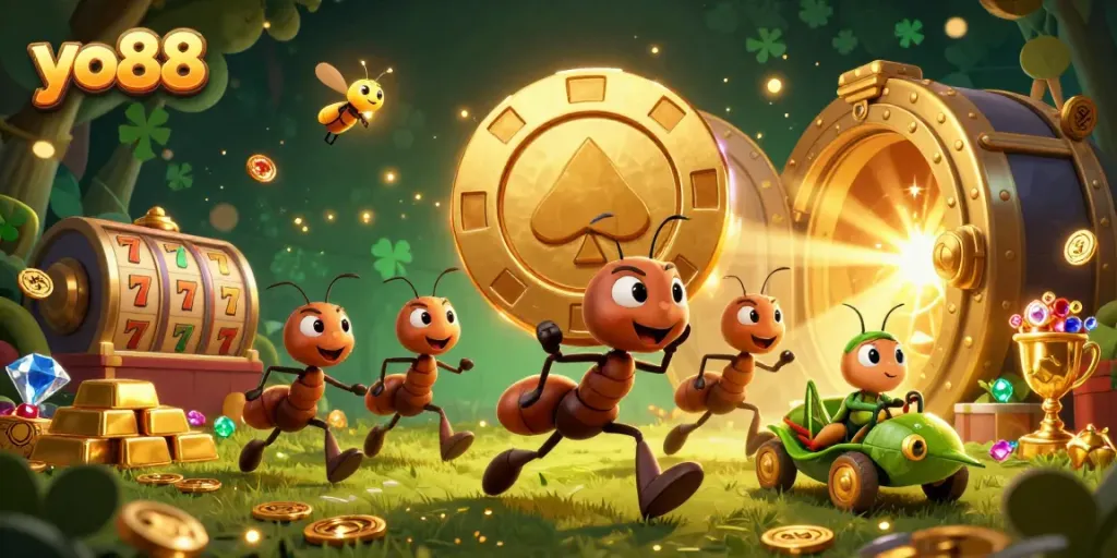 yo88 team of ants carrying a giant poker chip in a vibrant casino heist scene, packed with riches.