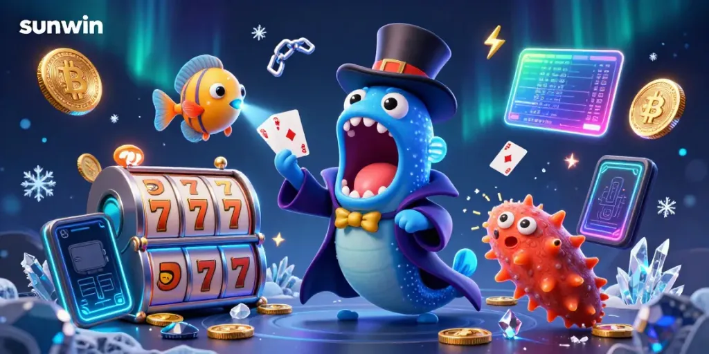 Engage in thrilling games at sunwin while a gulper eel performs tricks amidst vibrant slot symbols.