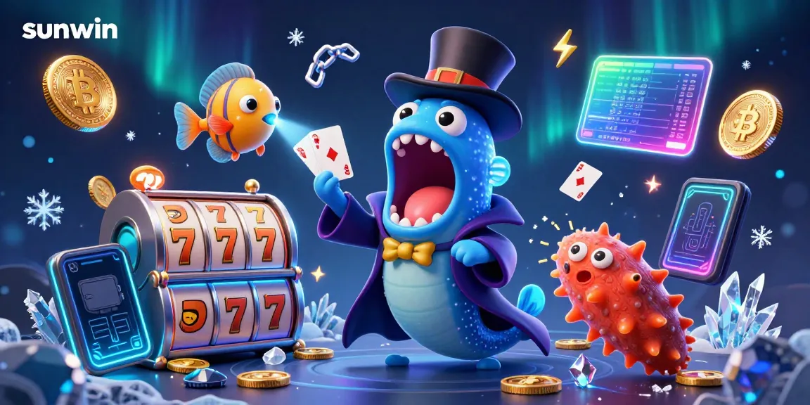 Engage in thrilling games at sunwin while a gulper eel performs tricks amidst vibrant slot symbols.