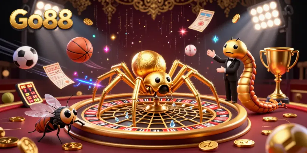Place bets at Go88 in this vibrant, dynamic casino scene with golden spider and live betting elements.